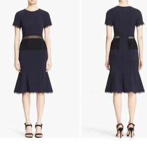 Jonathan Simkhai Dress Navy Blue Crepe Black Fringe Lace Trim Formal Cocktail, 6